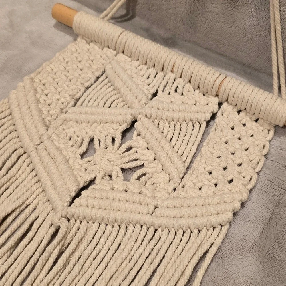 Boho Macrame Wall Hanging Cream Cotton Woven Fiber Art Geometric Fringe Decor